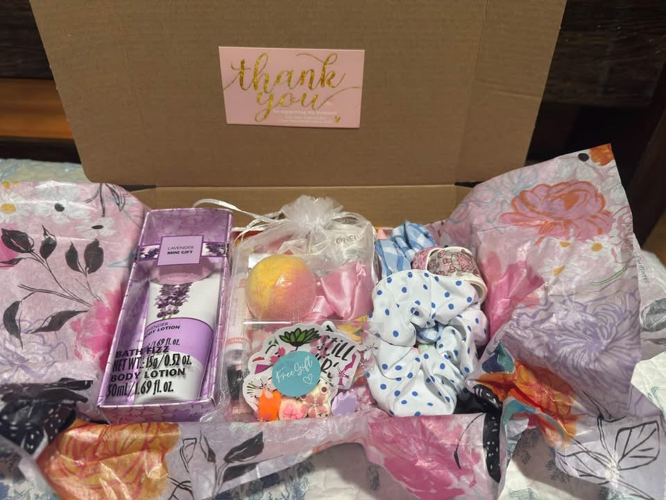 Mystery Boo Box contents - lavender gift set with bath and beauty items