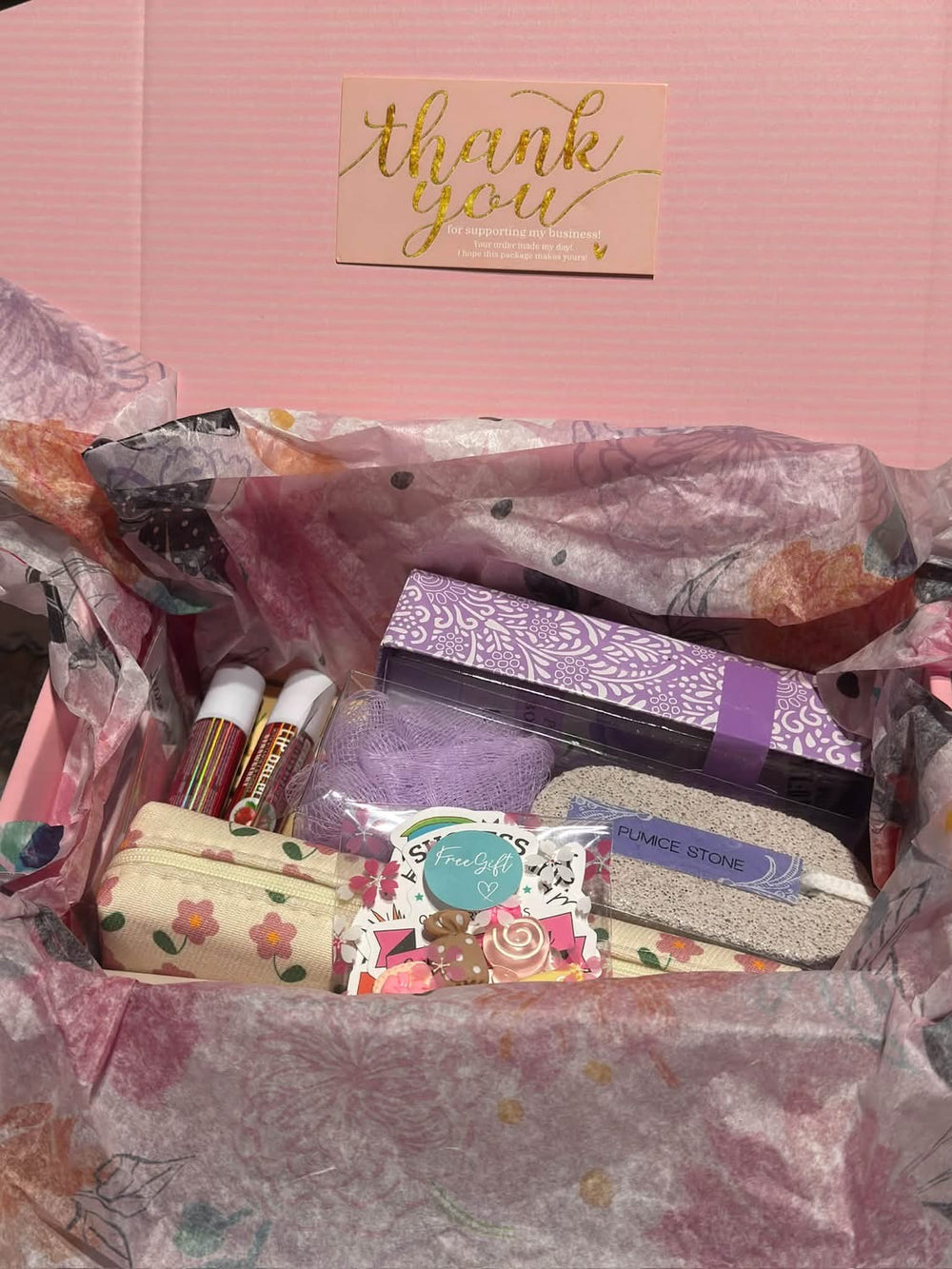 Mystery Boo Box contents - pink box with beauty and self-care items