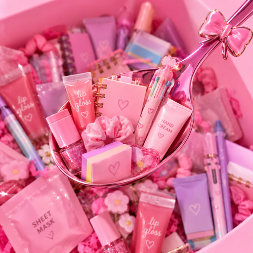 A pink scoop filled with beauty and stationery items including lip gloss, hand cream, nail polish, scrunchies, and more, surrounded by pink packaging and decorative items